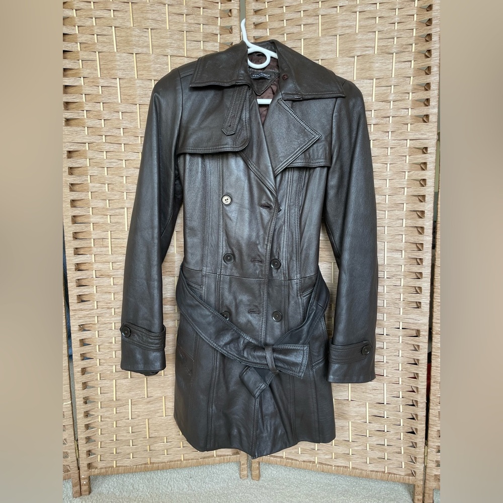 Italian Leather Trench Coat Small Repaired Classic Double Breasted Lined Brown